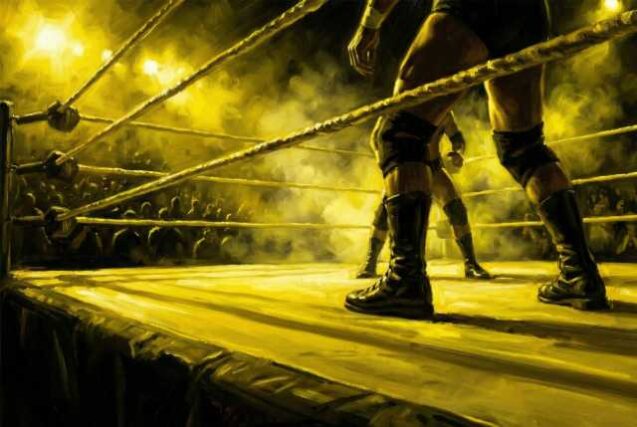 Wrestlers-facing-off-in-yellow-smoke